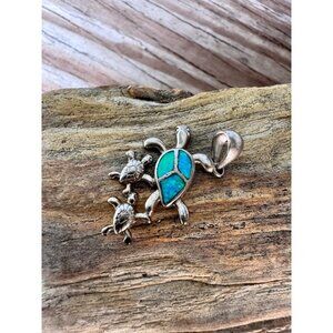 Sterling Silver Sea Turtle Pendant With Blue Opal Inlay & Two Small Turtles 2.21